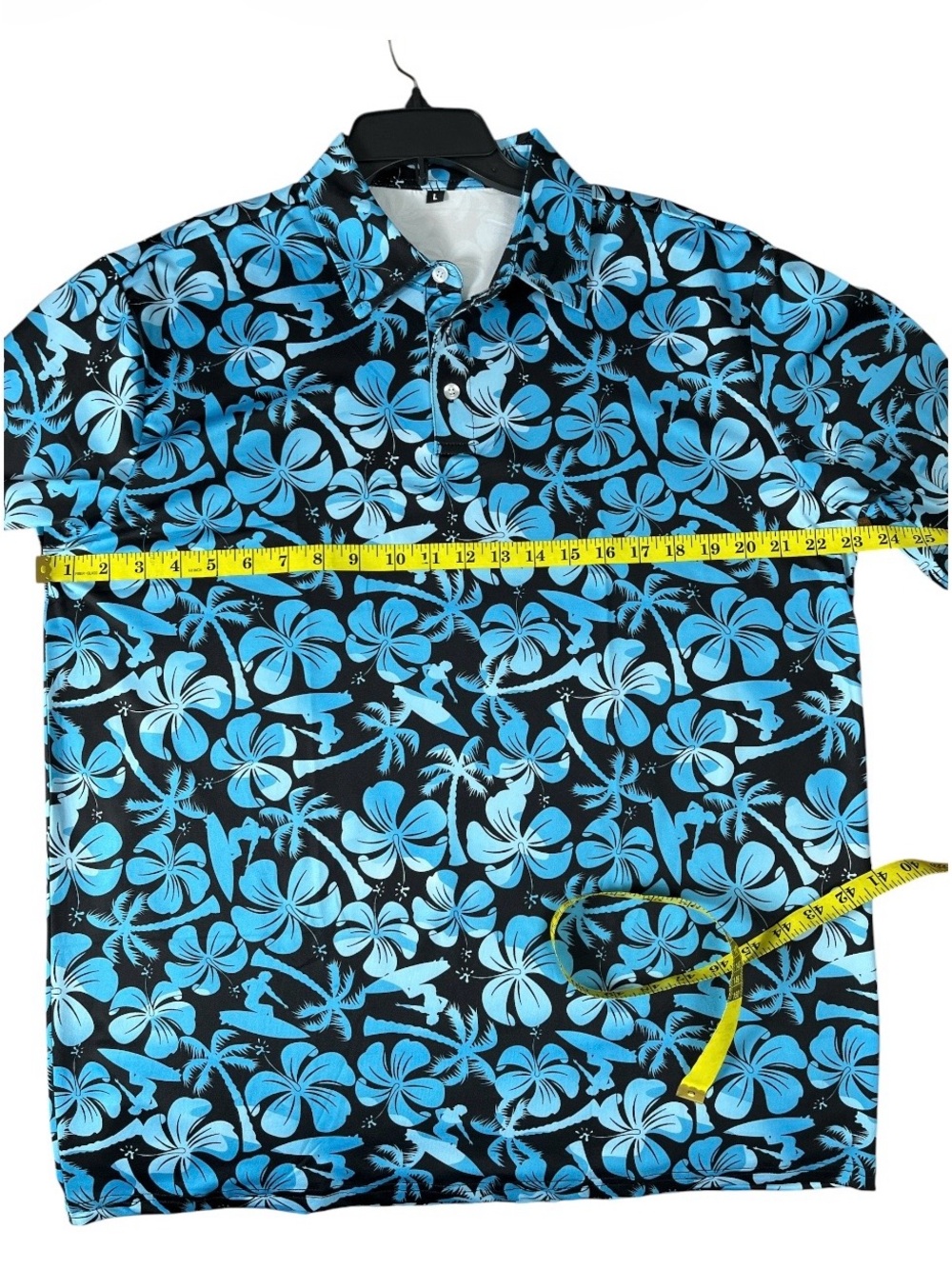 Men’s L Hawaiian Tropical Hibiscus Palm Tree Surf Polo Shirt Blue Black 23” Pit - Picture 3 of 5